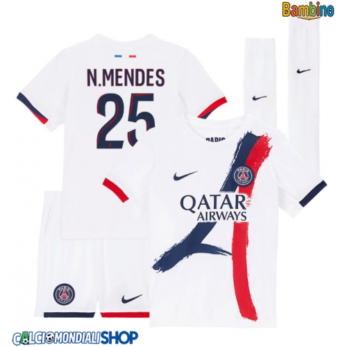 Maglie da calcio Paris Saint-Germain Nuno Mendes #25 Seconda Maglia Bambino 2025-26 Manica Corta + Pantaloni corti)